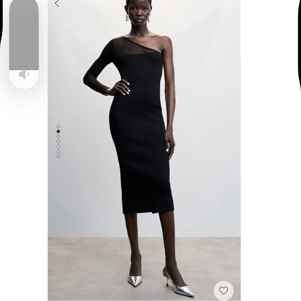 Mango Black Asymmetric One Shoulder Midi Dress Sheer Sleeve Size 4